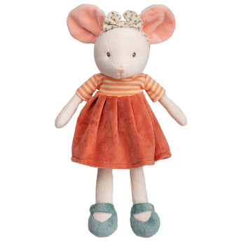Bukowski Bears Ingfrid premium quality stuffed animal white mouse toy wearing cute dress, shoes, and polka dot headband with bow
