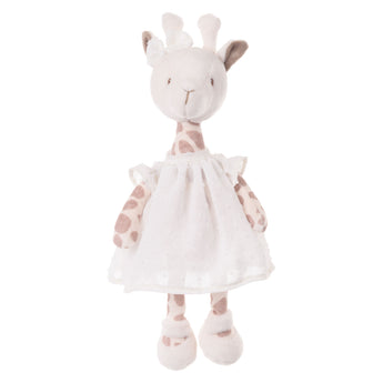 Bukowski Bears Lucy premium quality stuffed animal giraffe toy wearing white dress and shoes with a bow atop her head.