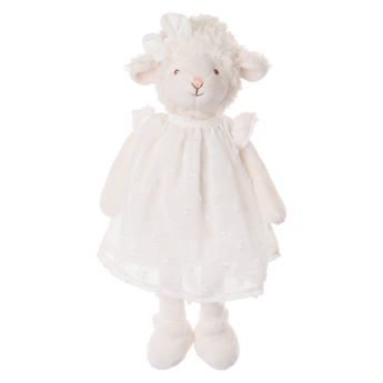 Bukowski Bears Molly premium quality stuffed animal white lamb toy wearing white dress and shoes with a bow atop her head.