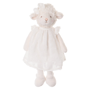 Bukowski Bears Molly premium quality stuffed animal white lamb toy wearing white dress and shoes with a bow atop her head.